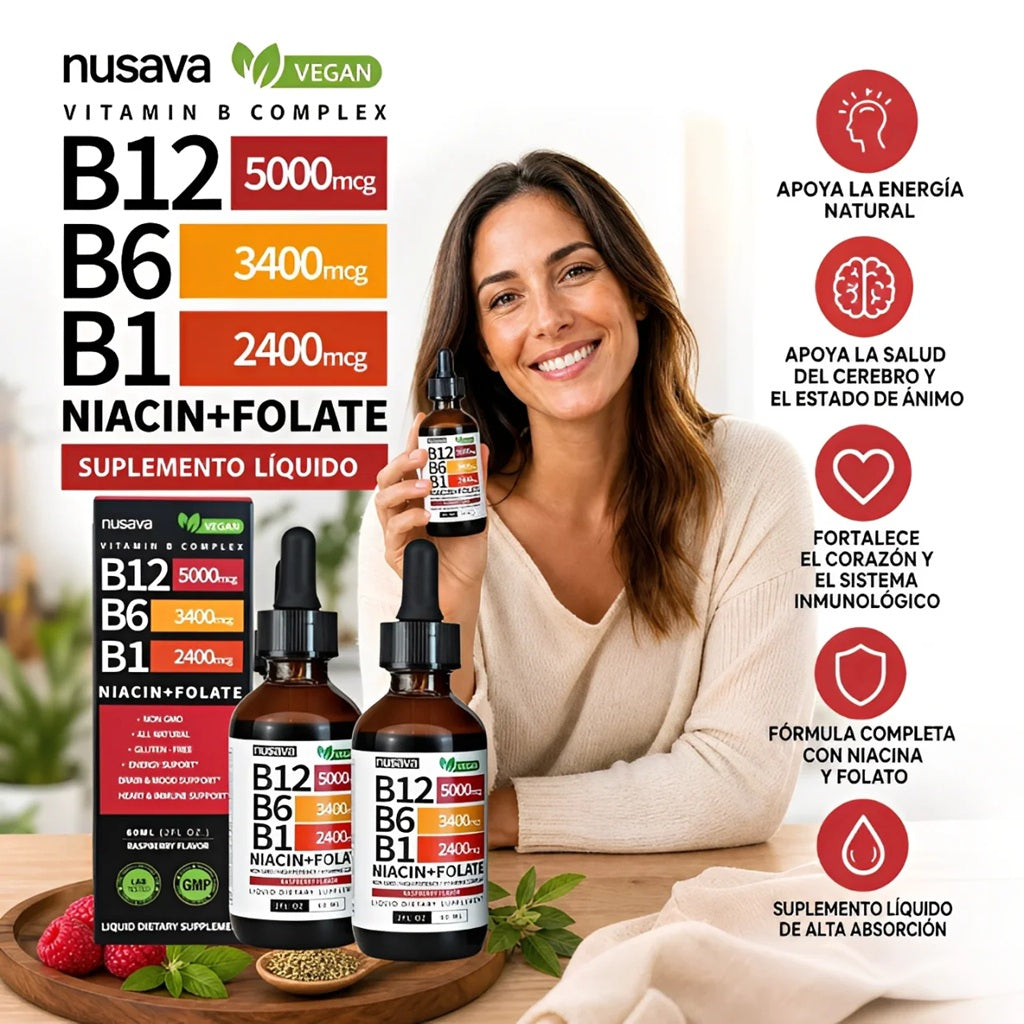 Nusava® Vitamina B Complex (B1, B6, B12, Niacina, Folato) Frena el Dolor y la Debilidad